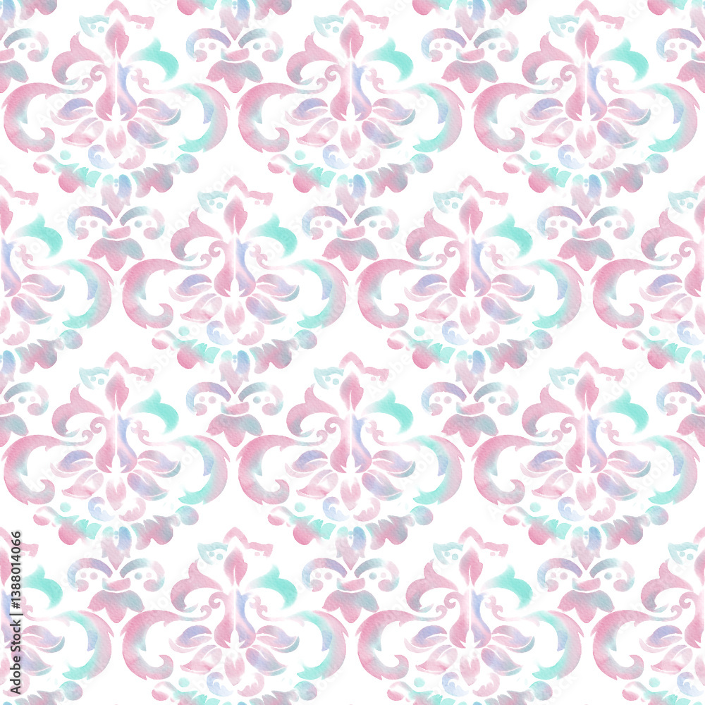 Seamless hand-painted watercolor damask pattern in soft vintage tones, ideal for elegant wallpaper, fabric, and bedding collections Seamless hand-painted watercolor damask pattern in soft vintage tones, ideal for elegant wallpaper, fabric, and bedding collections