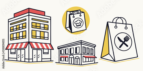 Cartoon Restaurant Bakery Storefronts Takeout Food Delivery Vector Illustration