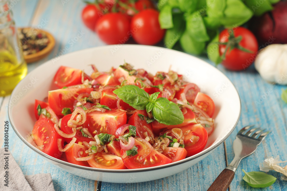 A bowl with Romanian tomato salad de Rosii A bowl with Romanian tomato salad de Rosii