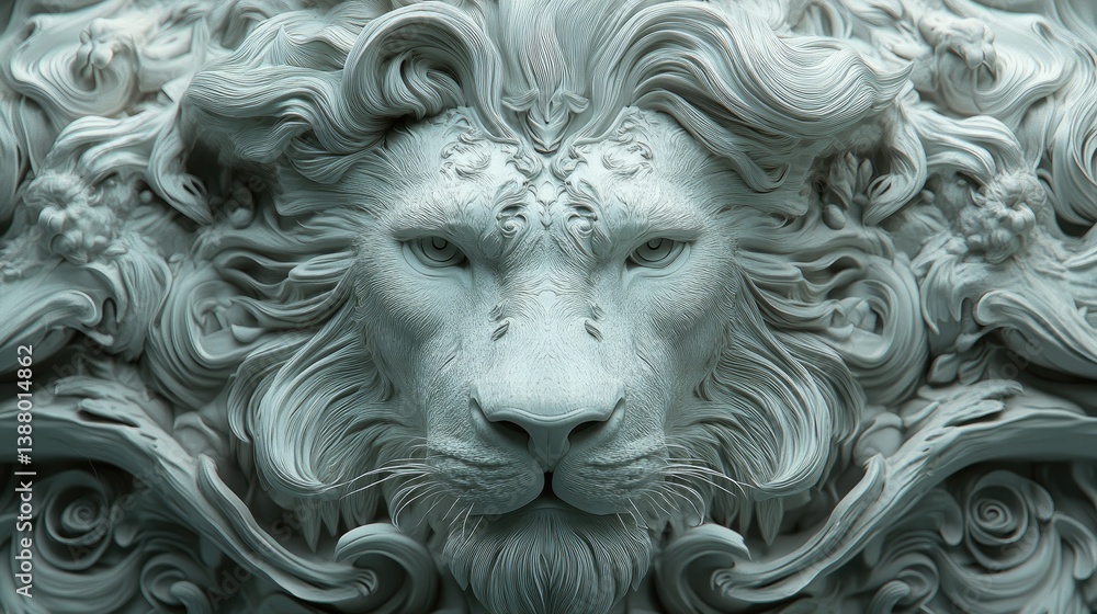 Fototapeta premium Close-up of a lion intense gaze, its intricately sculpted mane curling in soft waves.