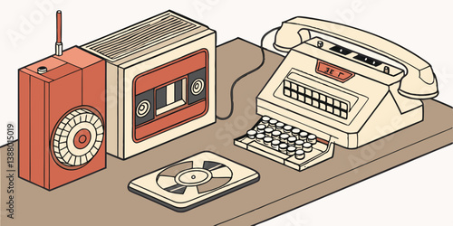 Vintage Retro Gadgets: Radio, Cassette Player, Typewriter Phone, Reel to Reel Tape Desk Illustration