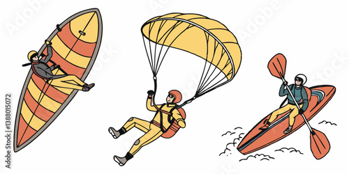 Cartoon Extreme Sports Hang Gliding Parachuting and Kayaking Adventures Illustration