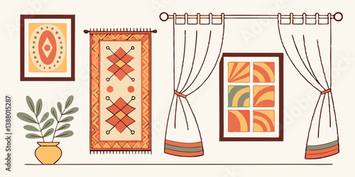 Boho Interior Illustration Wall Art Rug Plant Curtains Scandinavian Home Decor Style