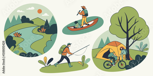 Outdoor Adventure Illustration Hiking Kayaking Fishing Camping Biking in Nature Scenes