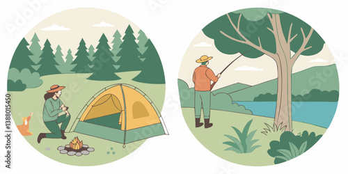 Nature Camping Fishing Outdoor Tent Campfire Dog Lake Tree Flat Vector Illustration