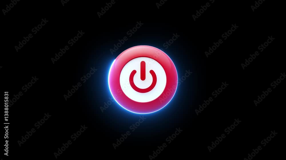 Neon power button icon, circular design, dark background, electric luminescence 4K