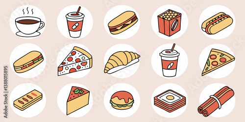 Isometric Vector Food Icons Set: Coffee, Soda, Sandwich, Fries, Hotdog, Pizza, Croissant, Burger, Quiche, Baklava, Cinnamon Rolls - Cafe Food Illustrations