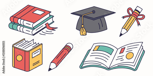 Cartoon Education Icons: Books, Graduation Cap, Pencil Vector Graphics