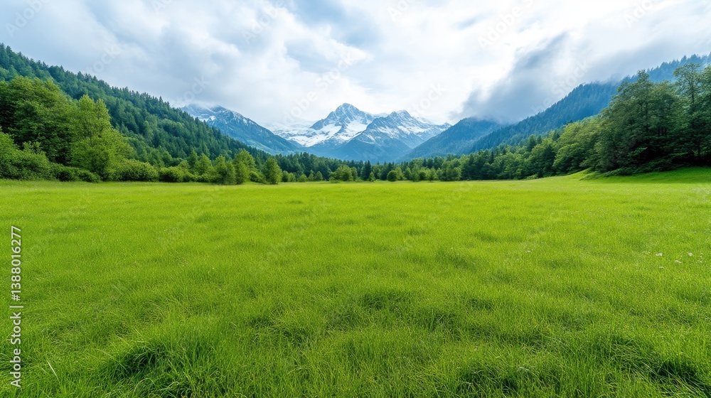 A lush green field stretches to snow-capped mountains. Trees line the fields edge. The image features natural light, high resolution, and a serene mood. Vibrant greens contrast with the white peaks. A lush green field stretches to snow-capped mountains. Trees line the fields edge. The image features natural light, high resolution, and a serene mood. Vibrant greens contrast with the white peaks.