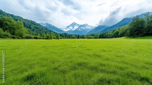 A lush green field stretches to snow-capped mountains. Trees line the fields edge. The image features natural light, high resolution, and a serene mood. Vibrant greens contrast with the white peaks.