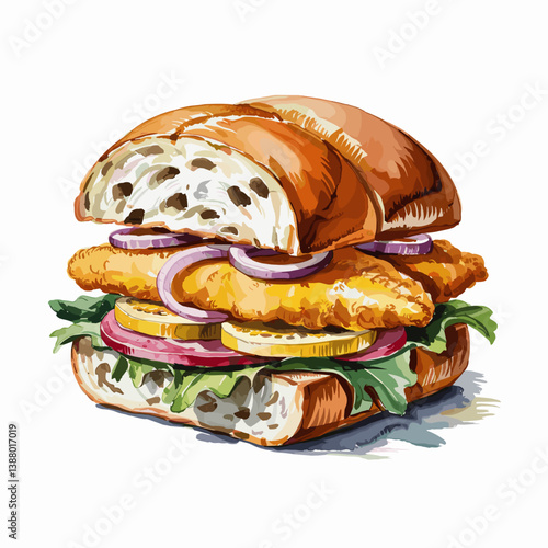 Watercolor Lake Trout Sandwich with Pickles and Lettuce