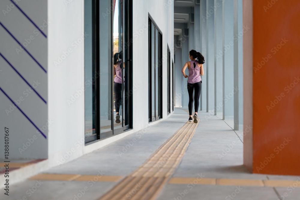 Fototapeta premium Young sportswoman running in a modern building corridor