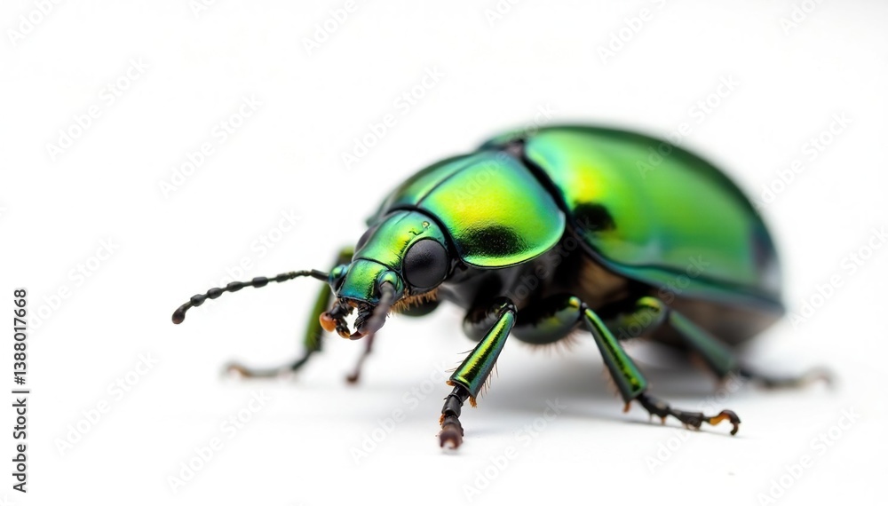 Close-up of a green beetle against stark white, textured, six-legged, close-up Close-up of a green beetle against stark white, textured, six-legged, close-up