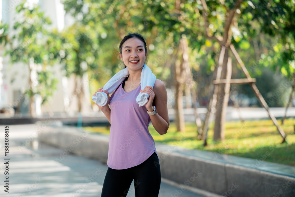 Asian female athlete resting after working out in a city park Asian female athlete resting after working out in a city park