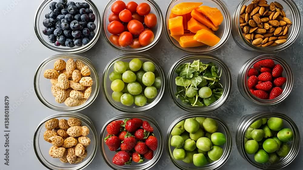 A vibrant assortment of fresh fruits and nuts arranged in glass jars on a textured surface A vibrant assortment of fresh fruits and nuts arranged in glass jars on a textured surface