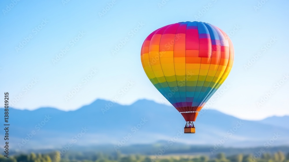 Fototapeta premium A vibrant rainbow-colored hot air balloon floats gracefully in the clear blue sky above a scenic mountain landscape during a bright sunny day.