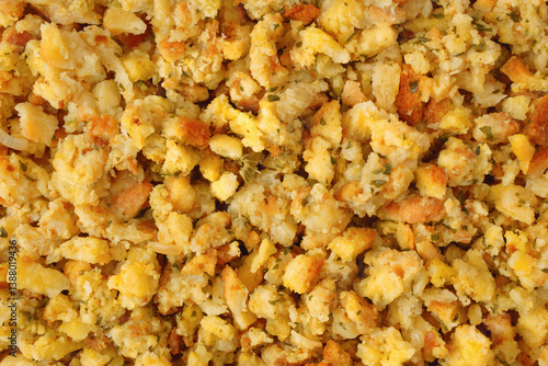 Billede på lærred Overhead detail view of traditional turkey stuffing