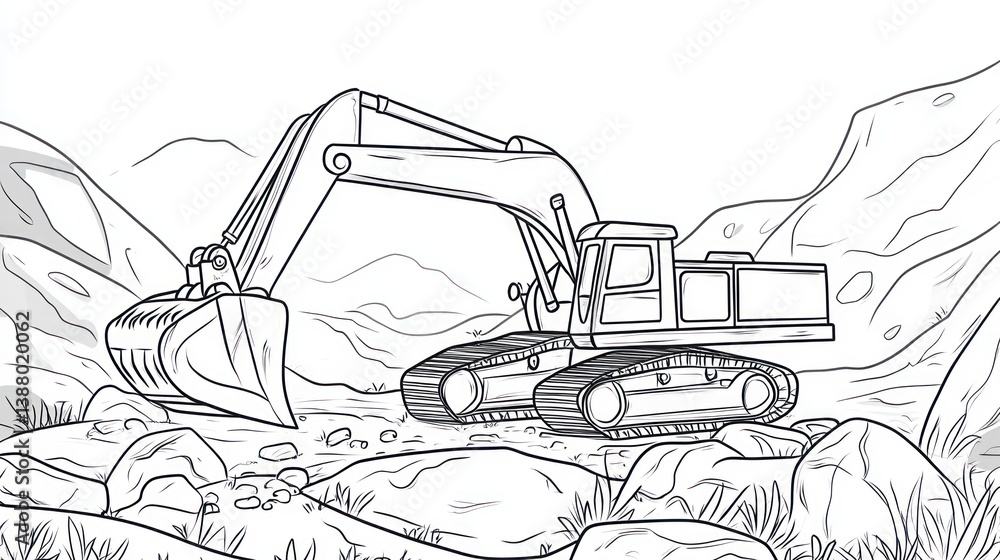 Fototapeta premium Excavator Coloring Page Mountain Landscape