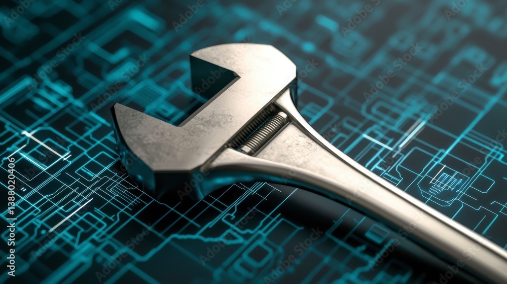 Fototapeta premium Silver Adjustable Wrench on Circuit Board Background Displaying Technology