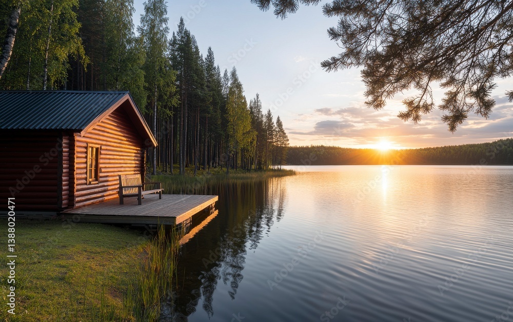 Fototapeta premium Serene Sunset Reflection Over Lake with Wooden Cabin View