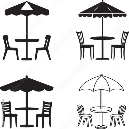 patio table with umbrella cafe chair table umbrela set set of silhouette. patio table with umbrella cafe chair table umbrela set icon set vector on white background