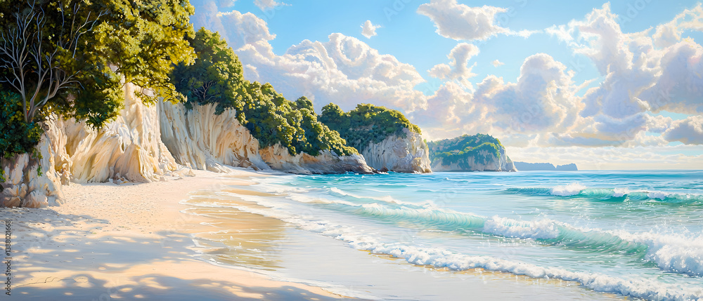 Obraz premium Serene Coastal Landscape with Sandy Beach and Gentle Waves