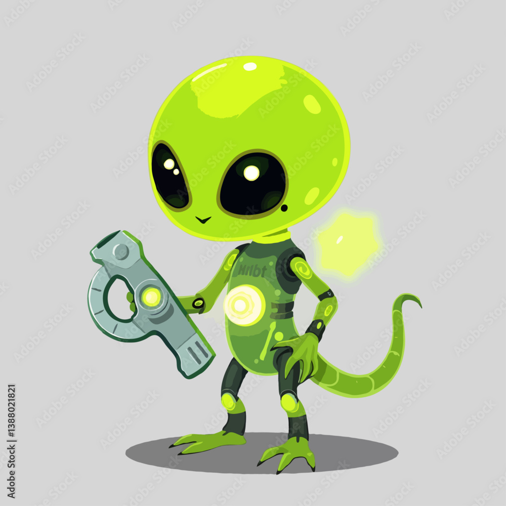 Obraz premium cartoon alien with futuristic weapon, playful sci-fi mascot design, high quality vector art