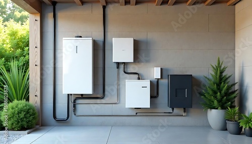 battery packs alternative electric energy storage system at home garage wall as backup or sustainable energy concepts, Rows of high capacity lead batteries, created with generative ai