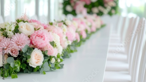 A long, elegant floral arrangement of pink and white roses, peonies, and dahlias adorns a pristine white table. White chairs line the table, creating a formal setting. The image is high-quality, well