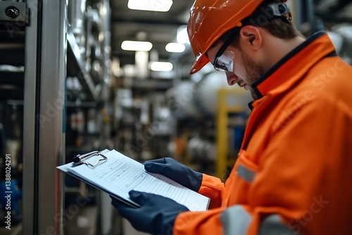 Safety officer performing a thorough safety audit in a factory setting. 