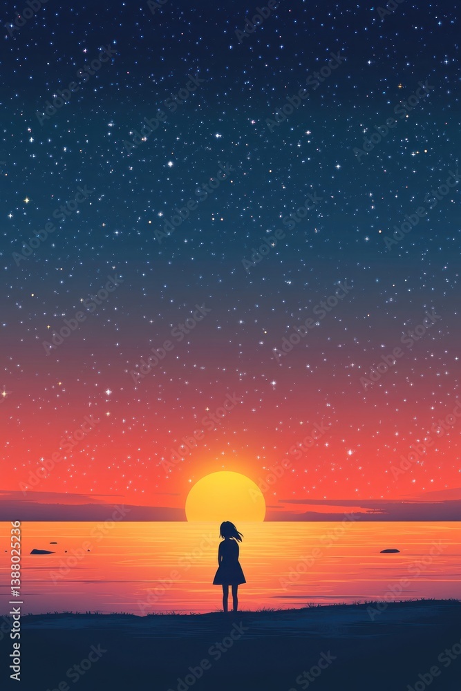 Fototapeta premium A girl stands watching a beautiful sunset over the ocean