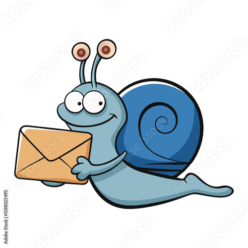 Funny Cartoon Snail Mailman Running with Envelope Cute Blue Snail Post Delivery Character for Kids, Stickers, Posters, and Animation