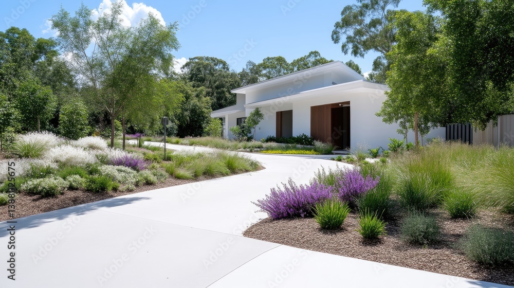 Fototapeta premium Modern white minimalist house with a curved concrete driveway leading through a beautifully landscaped garden with purple flowers and ornamental grasses under a blue sky.