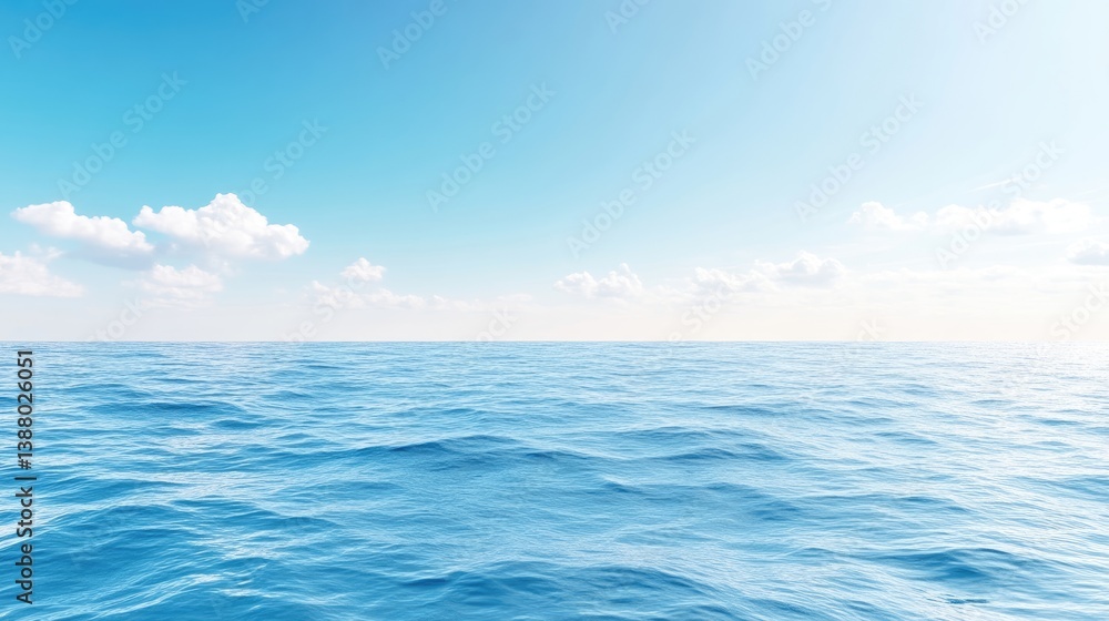Obraz premium Vast expanse of tranquil ocean under a clear blue sky. A serene vista of the sea and sky, featuring gentle waves and fluffy white clouds against a vibrant azure backdrop.