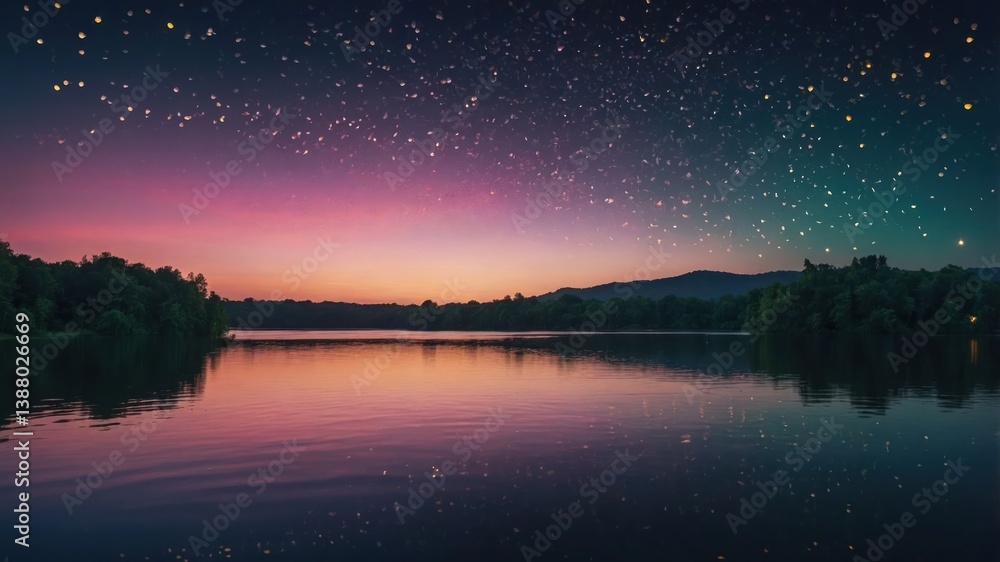 A serene twilight scene over a calm lake, adorned with a starry sky. A serene twilight scene over a calm lake, adorned with a starry sky.