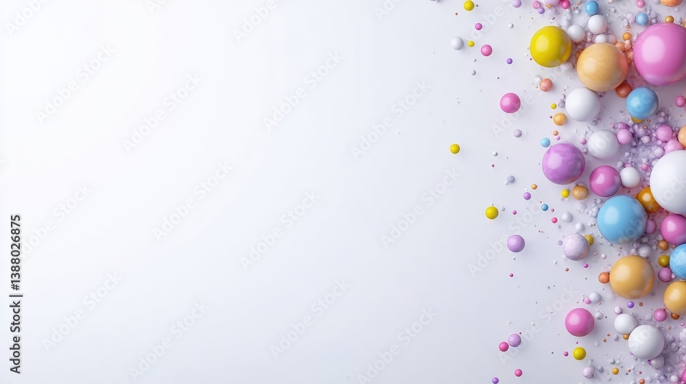 Pastel-colored spheres and sprinkles cascade down a white background. The image is digitally created, high-resolution, and features soft lighting. It has a playful, whimsical aesthetic. The colors e Pastel-colored spheres and sprinkles cascade down a white background. The image is digitally created, high-resolution, and features soft lighting. It has a playful, whimsical aesthetic. The colors e