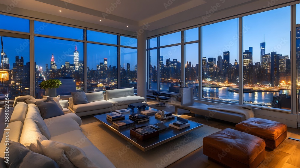 Fototapeta premium A stylish urban apartment with floor-to-ceiling windows, modern furnishings, and a stunning view of the city skyline.