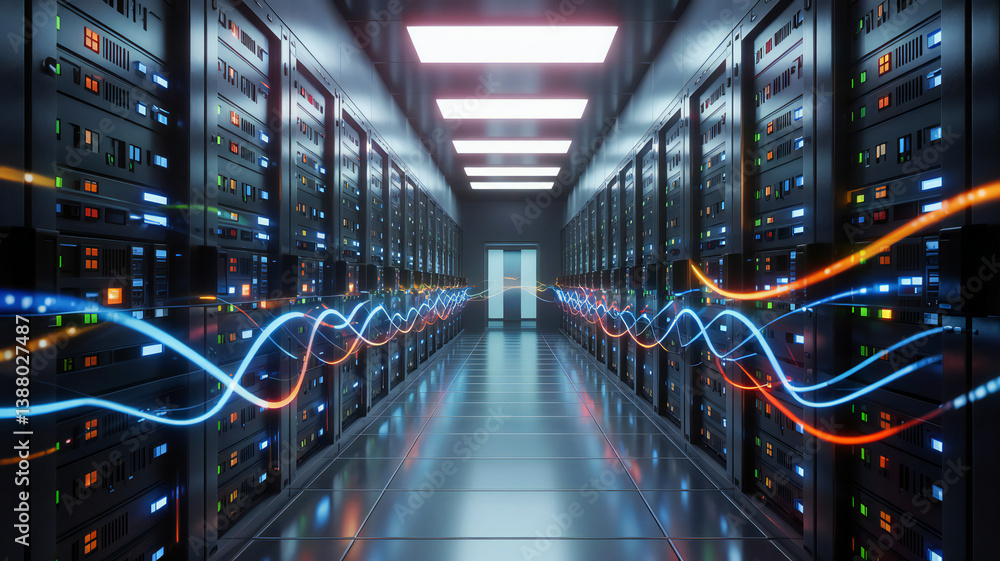 Obraz premium Inside a Modern Data Center with Rows of Server Racks and Flowing Light Trails Representing Data Transmission