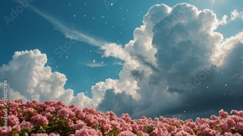 A vibrant field of pink flowers under a dramatic sky with clouds and light.