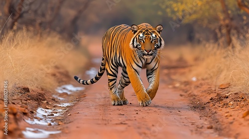 Majestic Tiger Walking Dirt Road.