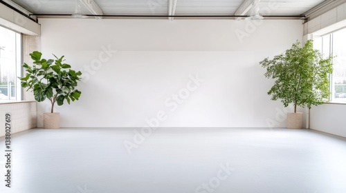 A bright, minimalist room features two potted plants flanking a large white wall. The smooth floor reflects light. The image is clean and well-lit, showcasing a simple, modern aesthetic with neutral