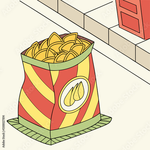 Crunchy Potato Chips in Packet – Tasty Snack Food Illustration.