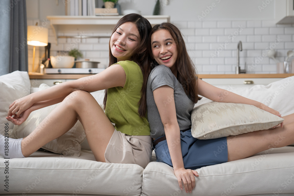 Fototapeta premium Happy Asian Best Friends Laughing Together on a Cozy Sofa Friendship and Lifestyle