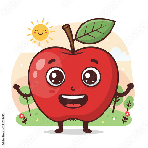 Cute cartoon vector apple with big eyes and a happy face	