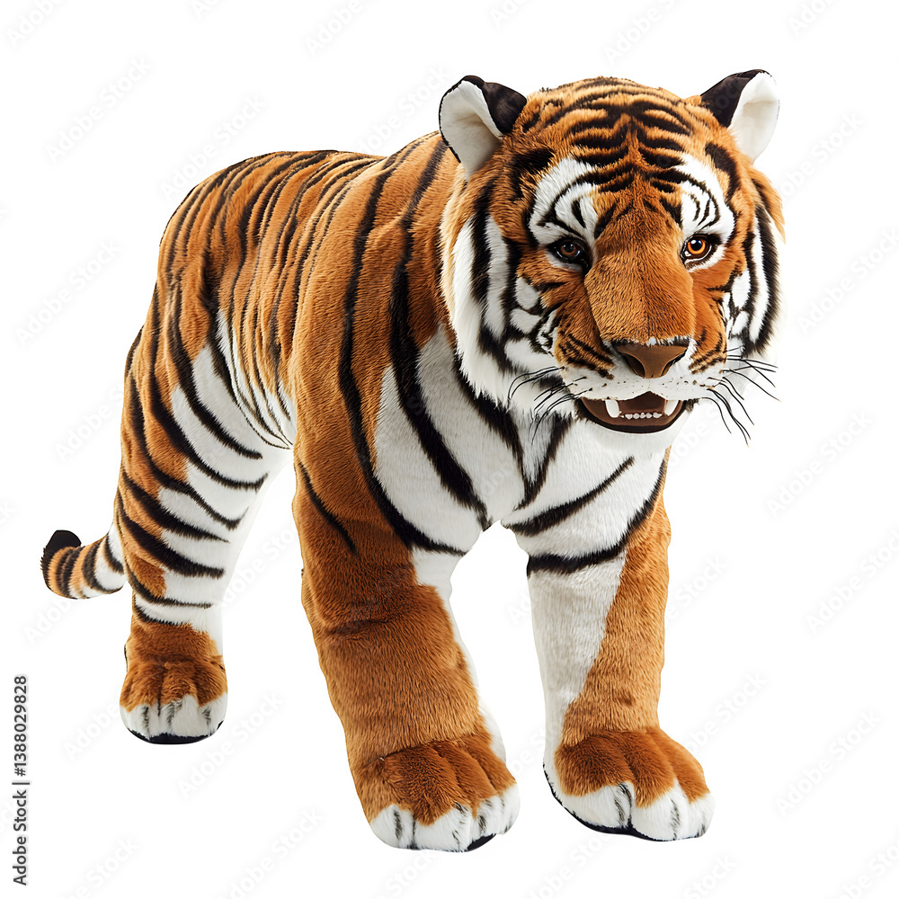 Obraz premium Realistic tiger plush toy with orange and black stripes, lifelike stuffed animal tiger for nursery decor, soft fabric wild cat mascot isolated PNG with Transparent Background