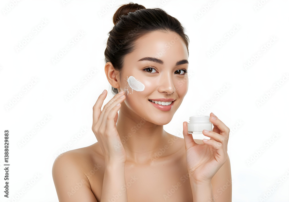 beautiful young asian woman applying facial moisturizer cream to skin with fingers against white background for skincare beauty routine
beautiful young asian woman applying facial moisturizer cream to skin with fingers against white background for skincare beauty routine
