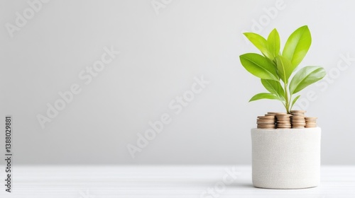 A small plant sprouts from a stack of coins in a white pot. The simple composition is set against a plain white background. The image is high-quality, with soft, even lighting. The style is minimal