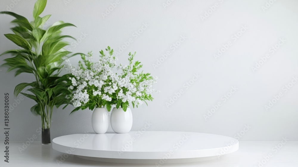 Minimalist display podium with plants and flowers Minimalist display podium with plants and flowers
