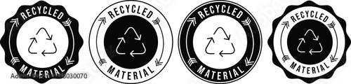 Set of Four Recycled Material Rubber Stamps with Black and White Circular Designs Featuring a Triangular Recycling Symbol