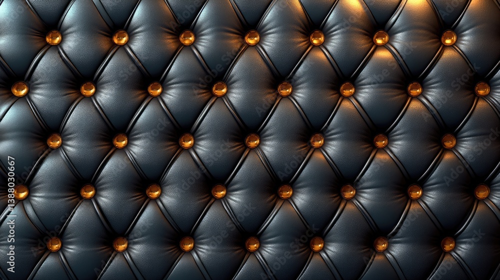 Naklejka premium Dark leather upholstery with gold buttons. Interior design, luxury background texture and pattern
